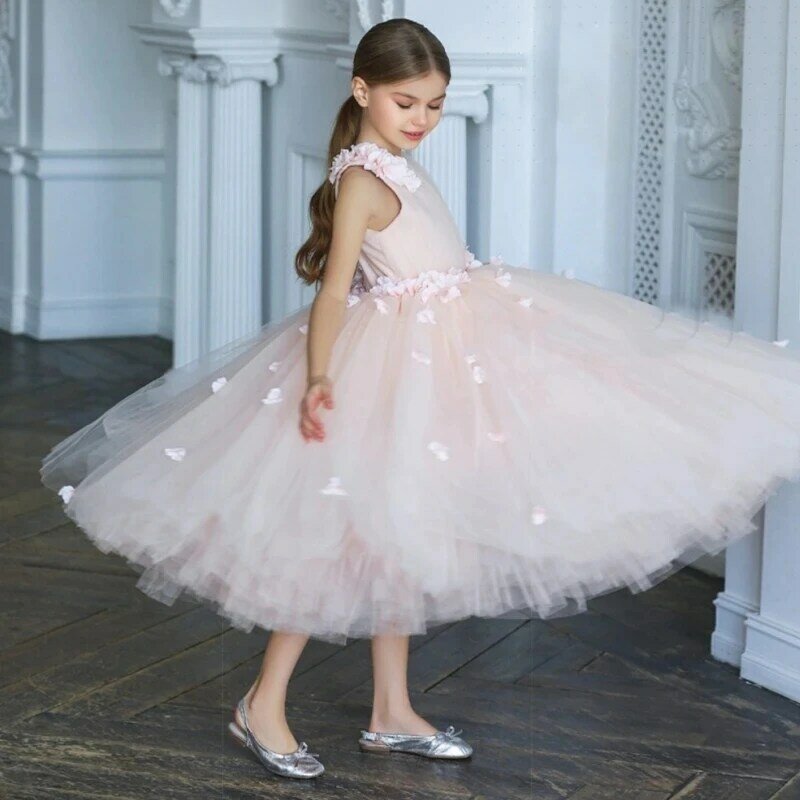 Cute Beaed Floral Tulle Flower Girl Dress Sleeveless Puffy Wedding Birthday Party Dress for Kid A-line Princess First Communion