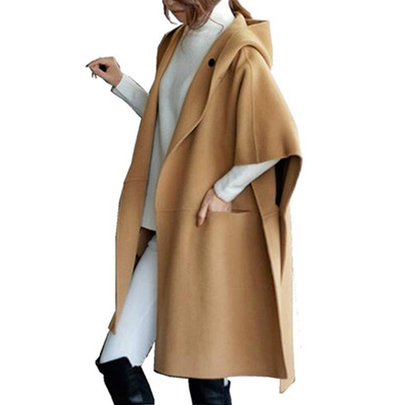 Однотонная шерстяная куртка с капюшоном, повседневная верхняя одежда, женский корейский стиль 2023, Свободный кардиган, пончо, верхняя одежда, плащи, пальто