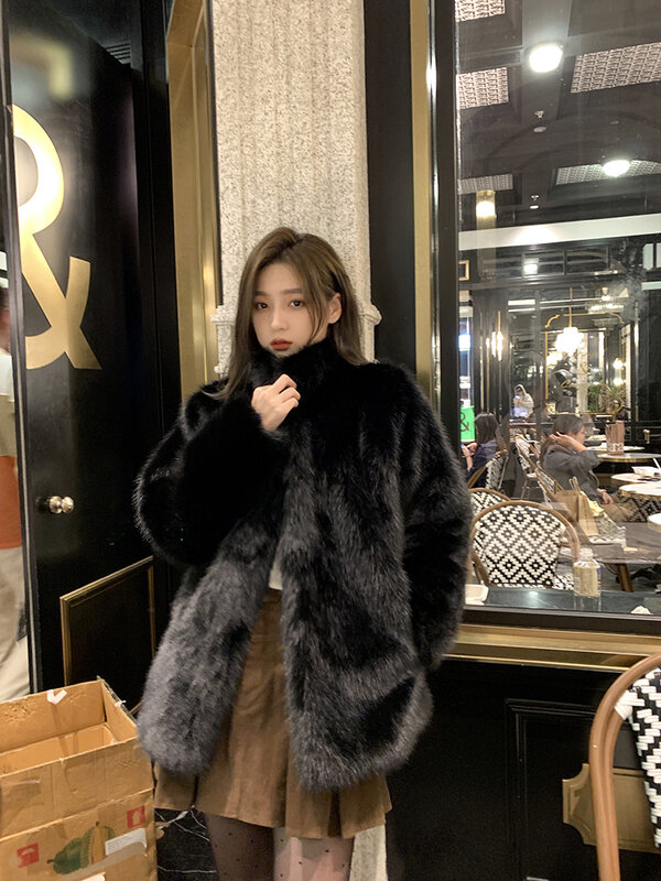 Fur Coat Women's Solid Color Thickened Warm Stand Collar Environmental Protection Imitation Black Mid-LengthThree Buttons Winter