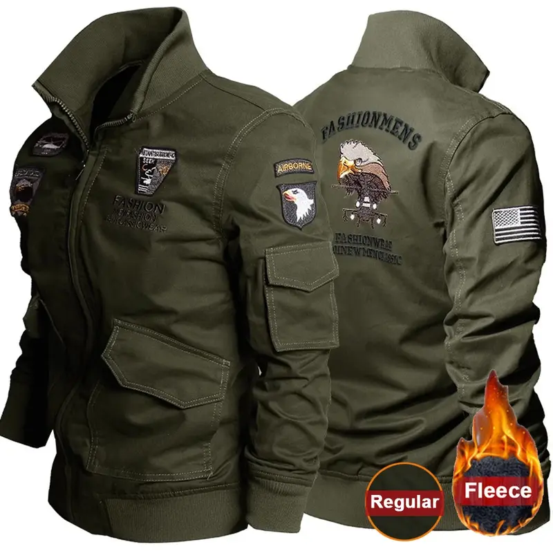 남성용 전술 파일럿 재킷, 공수 양털 폭격기 재킷, 면 독수리 자수 육군 코트, 캐주얼 스탠드 칼라 아우터