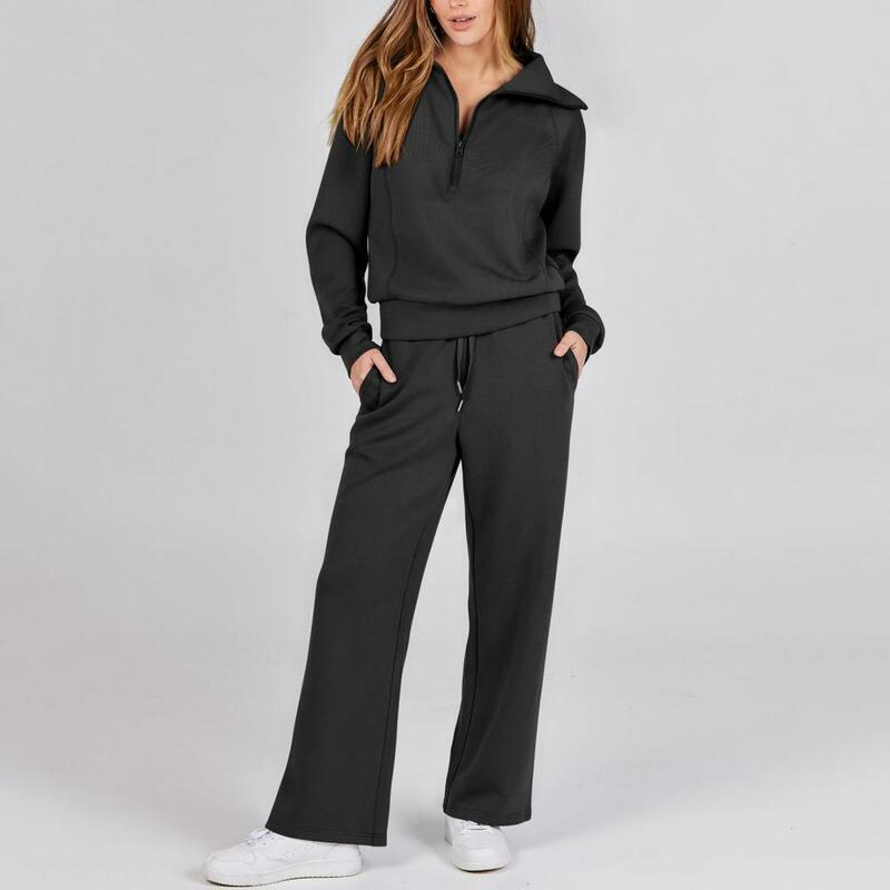 Women Two-piece Suit Cozy Lapel Coat Trouser Set for Fall/winter with Wide Leg Drawstring Pants Zipper Decor Stylish for Women