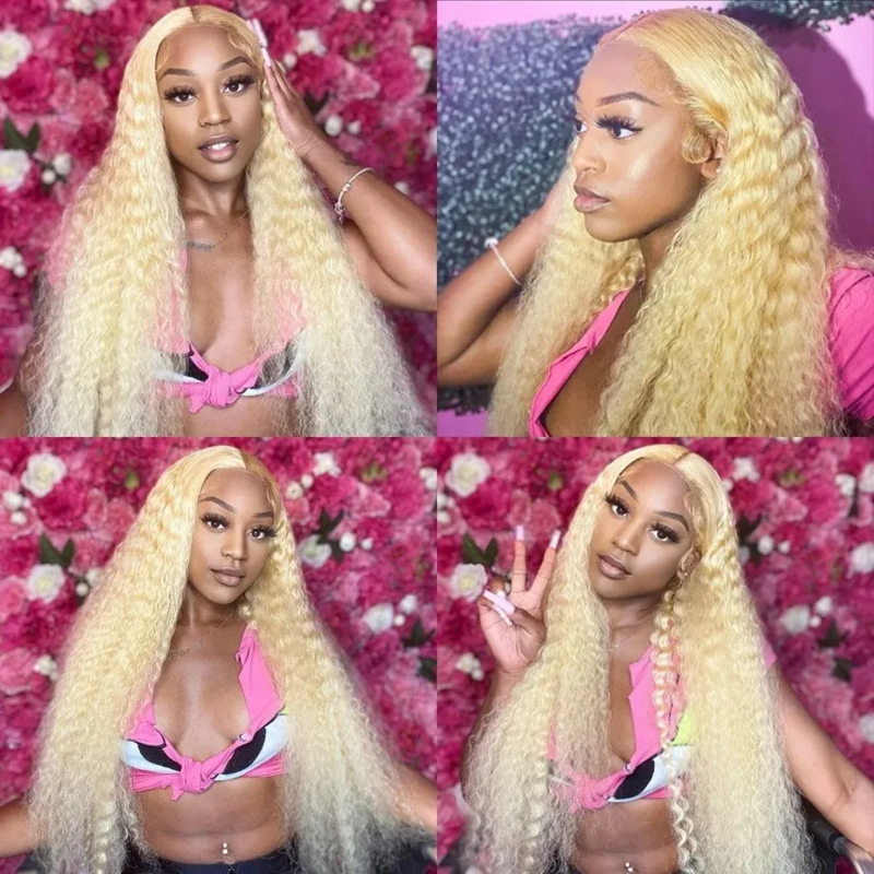 613 CurlyWig Human Hair Color Honey Blonde Deep Wave Lace Front Human Hair Wigs Brazilian 13x6 HD Lace Frontal Wig