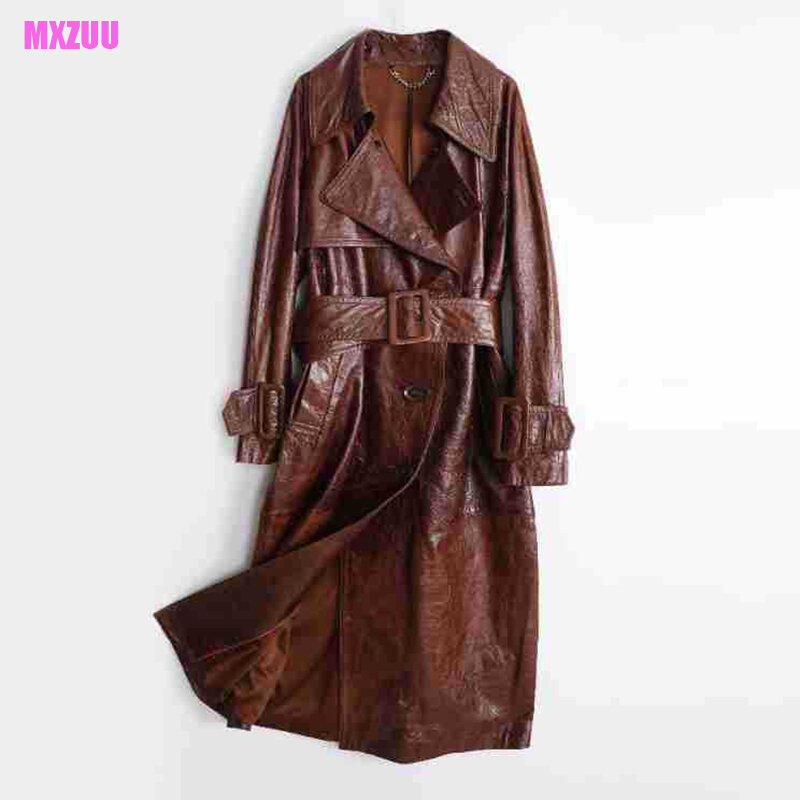 Casaco de couro encerado vintage para mulheres, jaquetas de couro compridas e finas, cinto cor castanha, lapela clássica, outono e inverno