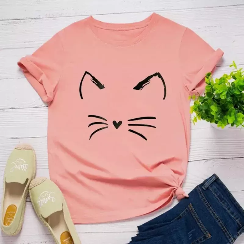 T-shirt de impressão simples para mulheres, roupas femininas, 4 cores, amor, pêssego, gatos, casual, manga curta, moda, verão, novo, 2024