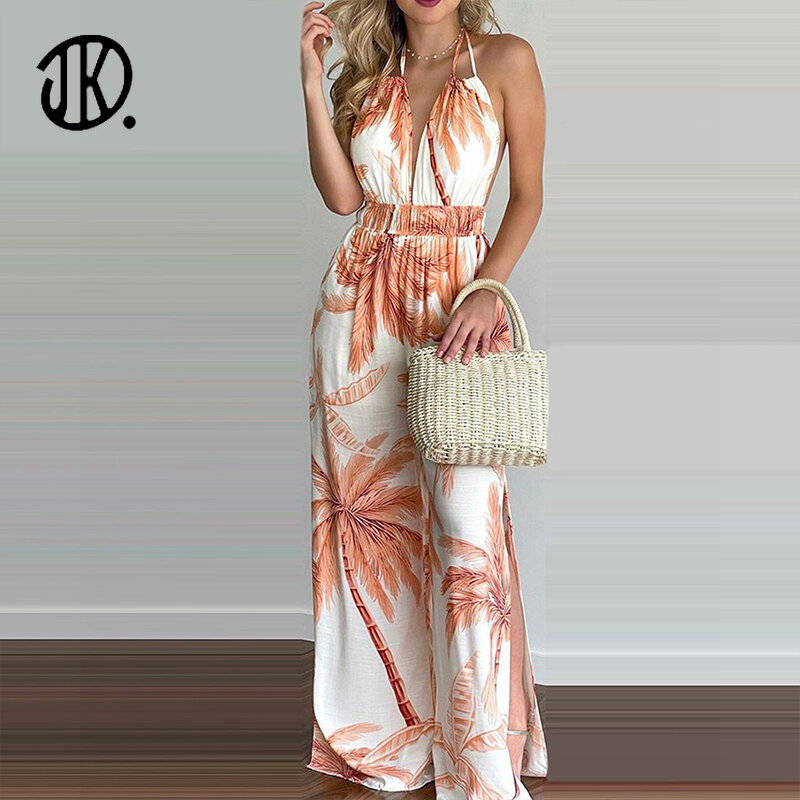 Mono bohemio para mujer, traje de playa con estampado de árbol de coco, pantalón de pierna ancha con tirantes, talla grande 3XL, gran oferta, 2023