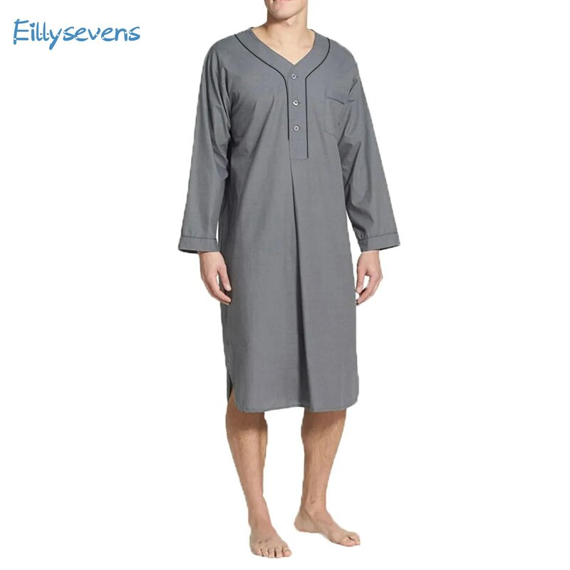 Muslim Medium-Length Pajamas Robe Comfortable Loose Solid Color Pajamas Daily Home Causal V-Neck Long Sleeve Pajamas Wear