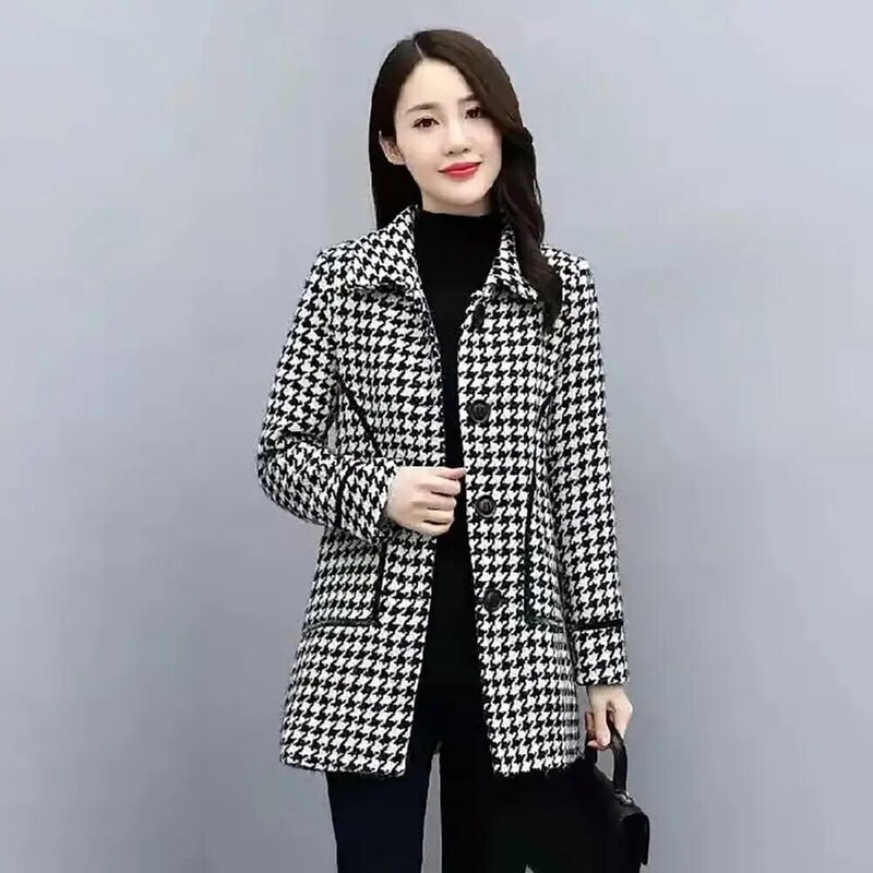 Mantel wol kotak-kotak wanita, Luaran wol panjang tipe ramping Musim Dingin 2024