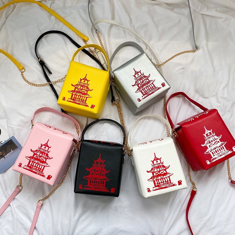 Chinesische Take-out-Box Geldbörse Pu Leder Frauen Handtasche Neuheit Umhängetasche Schulter ketten tasche für Mädchen Einkaufstasche