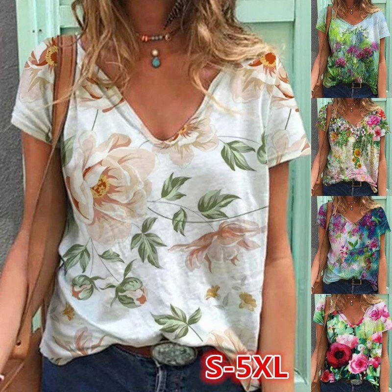 2023 kobiet abstrakcja kwiatowa koszulki z krótkim rękawem z nadrukiem letnie nowe modne damskie bluzki z dekoltem w szpic luźna, bawełniana S-5XL koszule