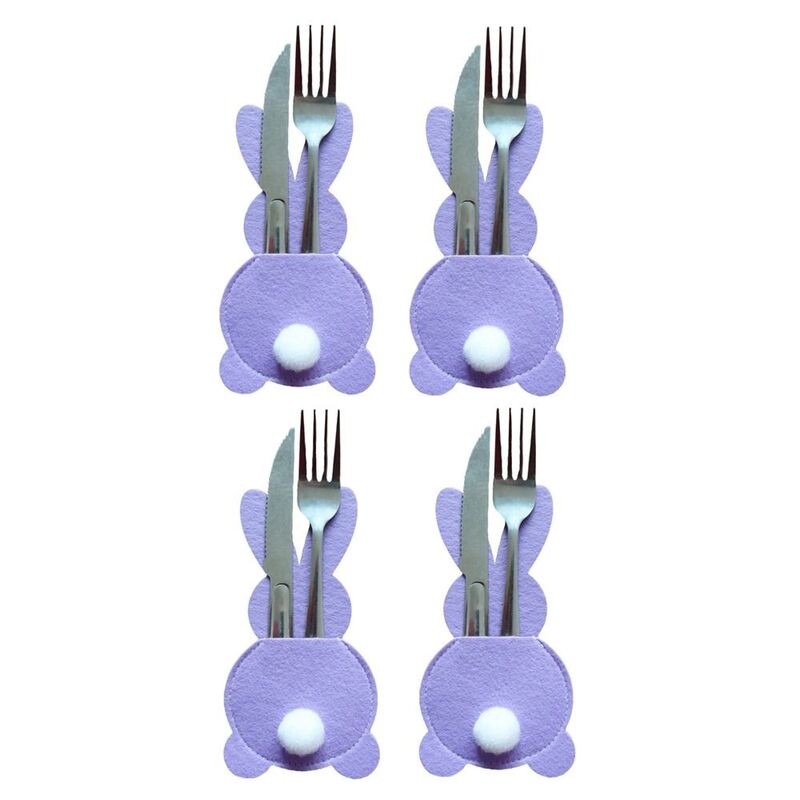 4Pcs Rabbit Cutlery Bag with Tail Cutlery Holder Easter Bunny Cutlery Cover Tableware Organizer Easter Party Table Decoration