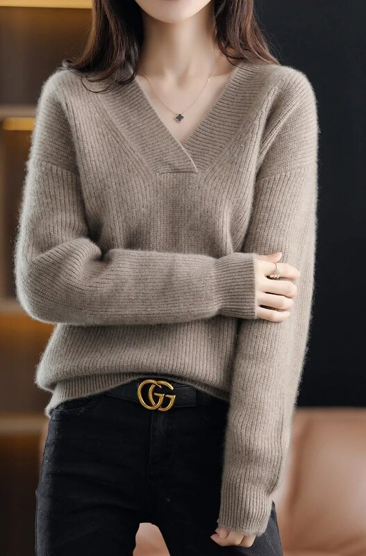 Джемпер женский, вязаный пуловер с длинным рукавом и V-образным вырезом, повседневный простой базовый джемпер, Осень-зима 2024