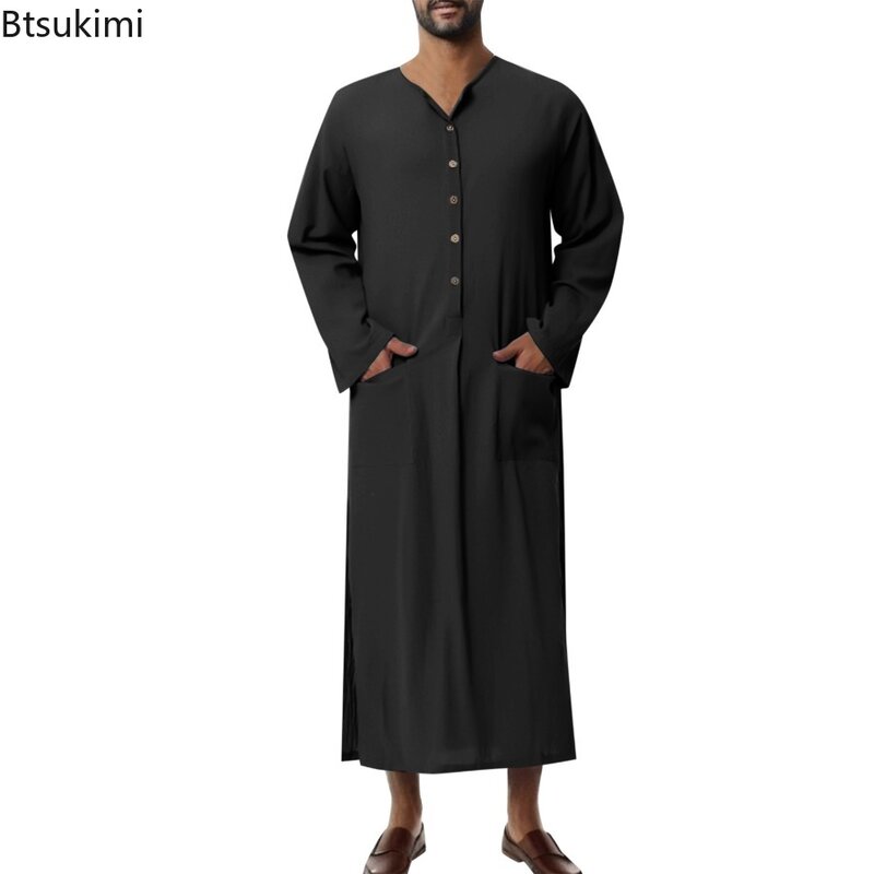 New2024 Men's Muslim Fashion Robes Ethnic Henry Collar Long Sleeve Button Down Casual Solid Color Islamic Arab Dubai Jubba Thobe