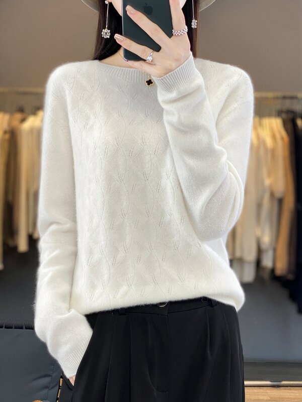 Addonee-suéter de manga larga con cuello redondo para mujer, jersey de lana merina 100%, tejido de cachemira con flores retorcidas, moda coreana, Otoño e Invierno