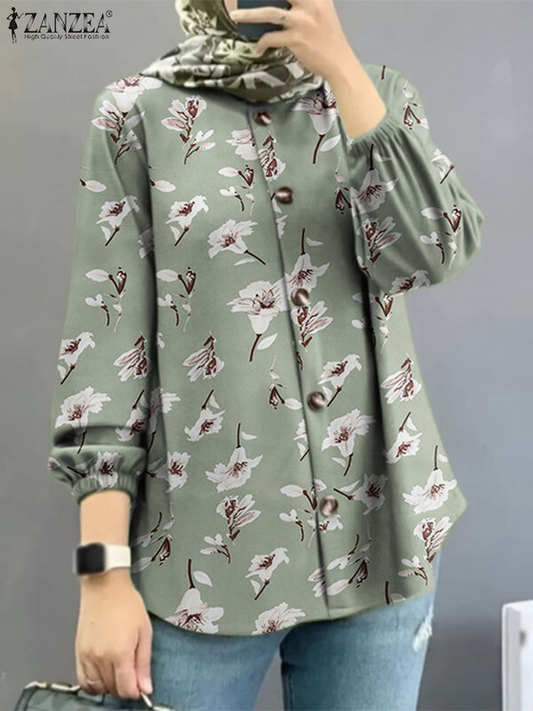 ZANZEA blusa musulmana Bohemia para mujer, camisa con estampado Floral, cuello de solapa, Hijab turco Abaya, Tops de manga larga