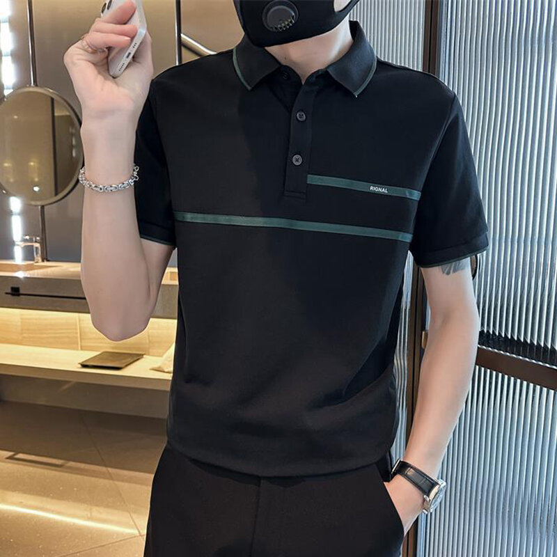 Fashion Lapel Button Spliced Loose Business Polo Shirts Men's Clothing 2024 Summer New Casual Pullovers Asymmetrical Tee Shirt