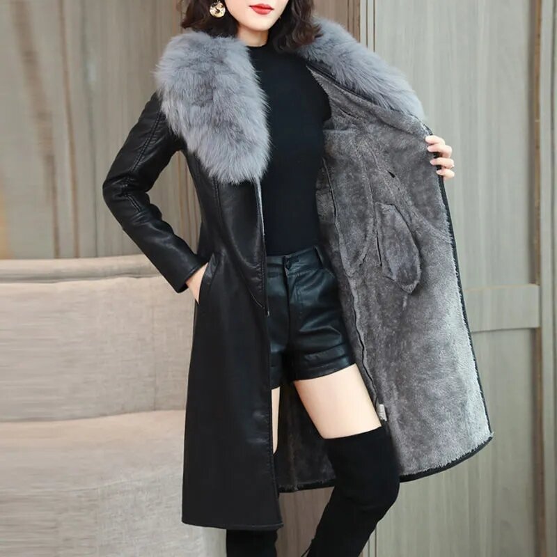 2023 New Winter Women Leather Jacket Big Fur Collar New Plush Lined Velvet Warm Slim Belt Long Leather Coat Female Outwear M-4XL