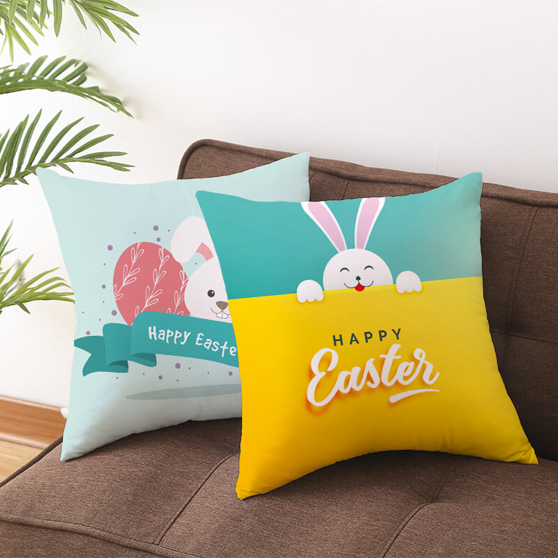 Spring Easter Home Decor Cushion Cover Flowers Bunny Eggs Printed Pillow Cover Easter Decorations Square Linen Throw Pillowcase