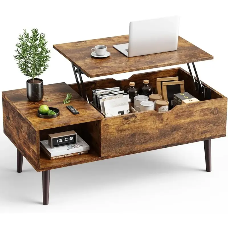 Современный подъемный журнальный столик, деревянная мебель с полкой для хранения и скрытым отсеком для гостиной, коричневые журнальные столики