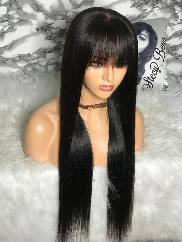CORIIANA proste włosy ludzkie peruka z grzywką krótki Bob peruki z ludzkich włosów dla czarnych kobiet brazylijska czarna peruka z długi frędzel na 30 Cal