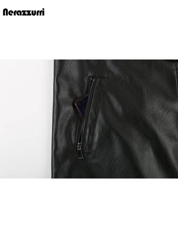 Nerazzurri-jaqueta leve impermeável de couro PU macio para mulheres, zíper capuz, roupas casuais soltas, preto, primavera, outono, 2023