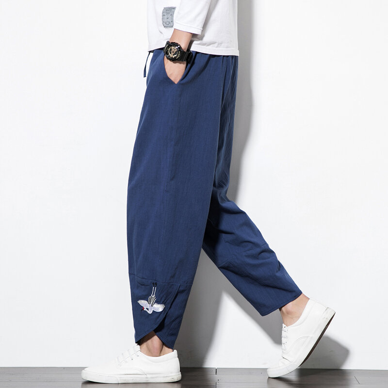 Nowe męskie spodnie na co dzień haft haremowe spodnie moda męska luźna, bawełniana lniane spodnie męskie spodnie do joggingu wiosna lato Streetwear