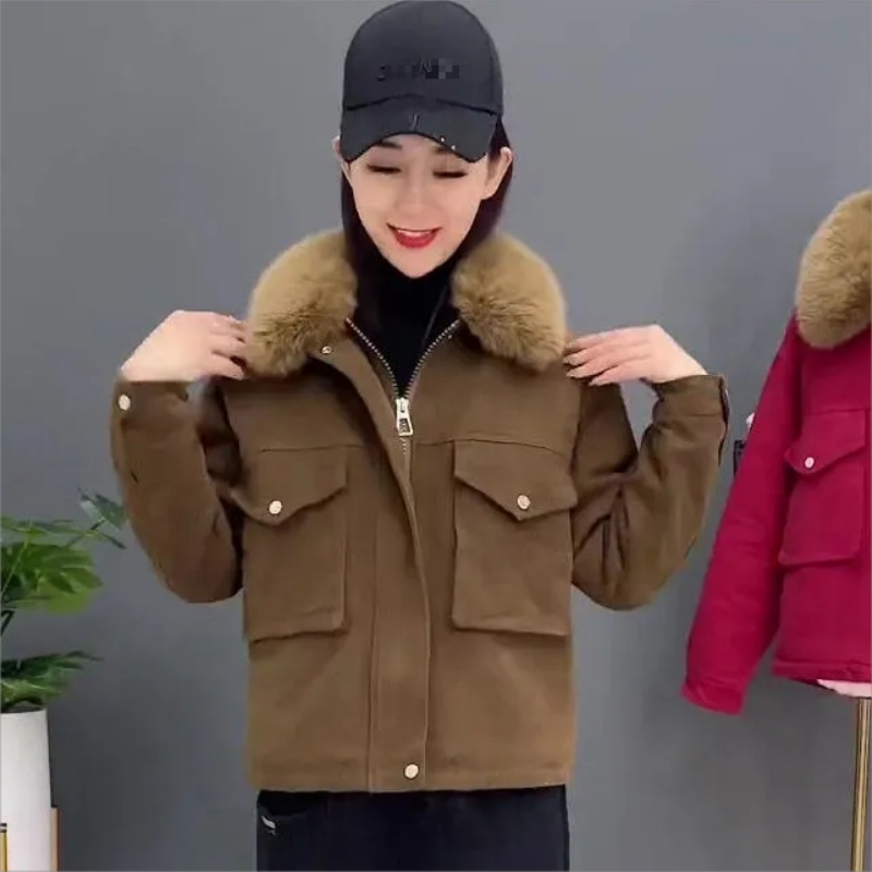 Pai mengatasi jaket empuk wanita Korea, mantel berkerah pendek katun komuter 2023 baru Plus beludru musim dingin