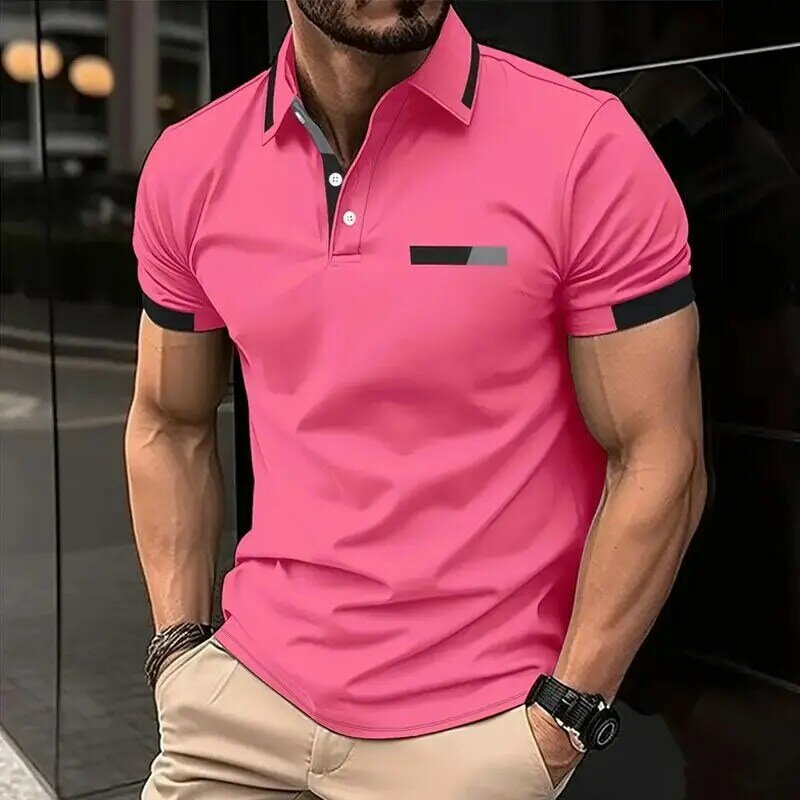 Men's Chic Color Block Short Sleeve Polo Shirt , Summer Outdoor Lapel Sports men polos Gift For Men EUROPEAN Measurement