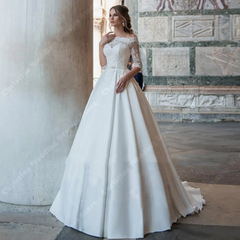Ramatyczne tiulowa suknia ślubna z odkrytymi ramionami, średnio długie rękawy suknie ślubne nowa koronkowa szlafrok Plus Size z haftem