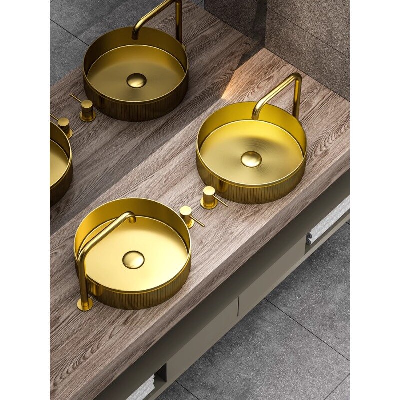 Lavabo circulaire à poser en acier inoxydable 304, vasque de luxe en or léger