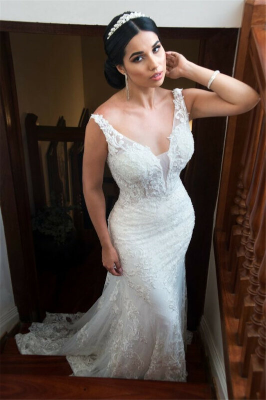 Элегантные кружевные свадебные платья-русалки на тонких бретельках, изысканная фотоаппликация, Robe de Mariee
