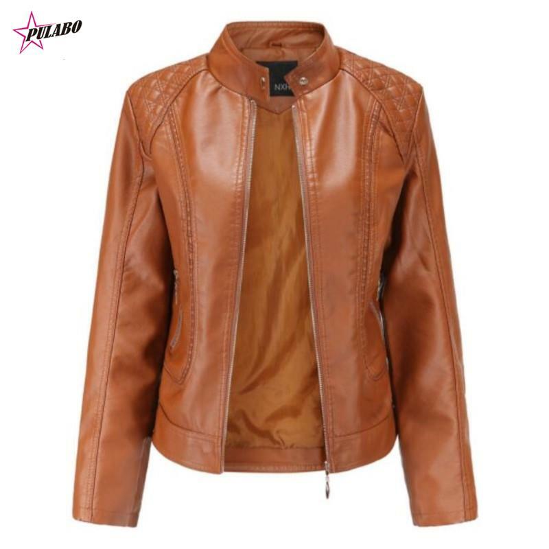 Y2k PULABO jaket kulit untuk wanita, jaket kulit kerah berdiri warna hitam merah Musim Semi dan Musim Gugur, mantel pengendara sepeda motor kulit