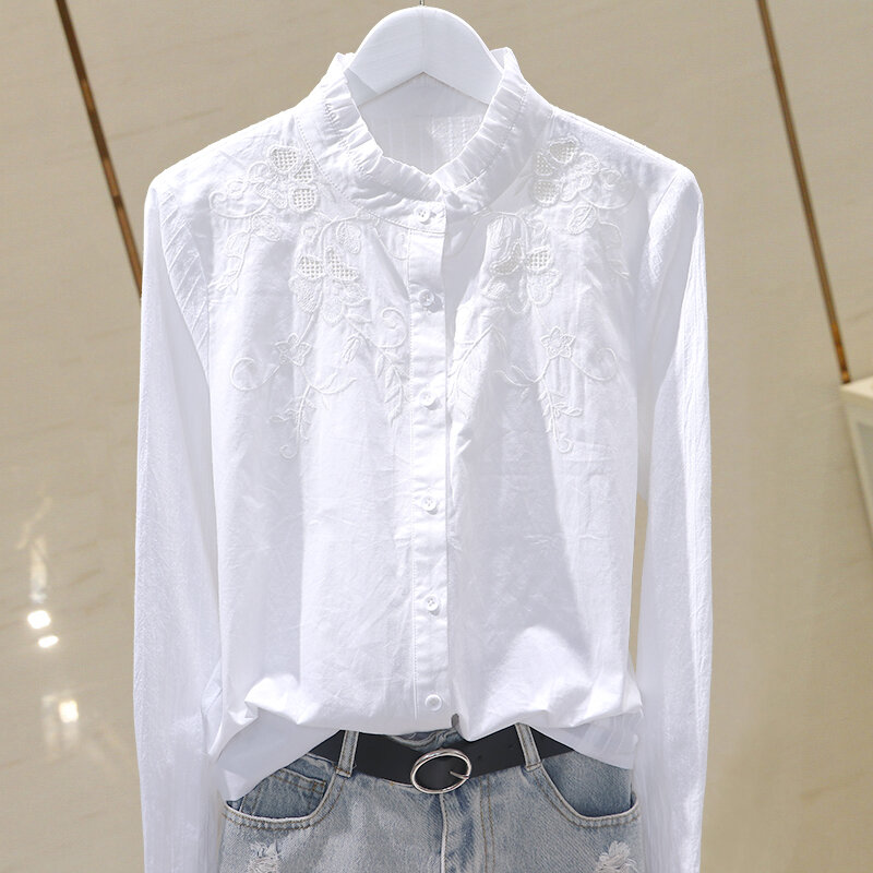 Solid Embroidery Women Shirts 2024 Summer New Solid Long-Sleeved Slim Ruffles Ruffles Elegant Shirts Outwear Coat Tops