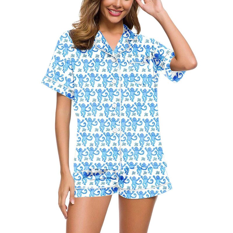 Süße Pyjamas für Frauen 2 Stück Set Roller Kaninchen Grafik druck Shirt und Shorts Pyjama Set Kurzarm Affe adrette Nachtwäsche