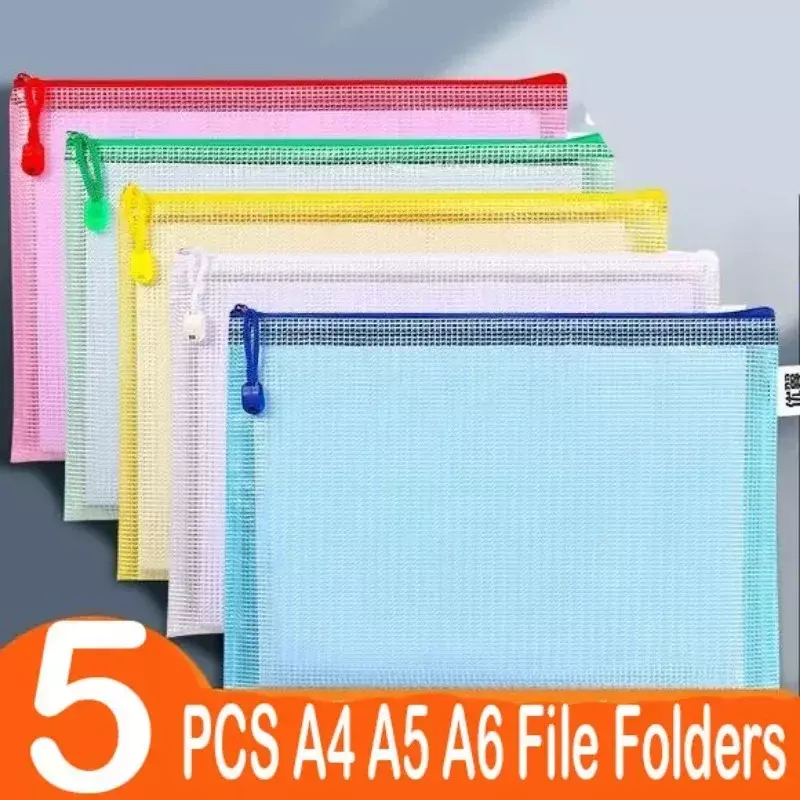 5 PCS A4 A5 A6 Document Bag Stationery Storage Folder File Mesh Zipper Pouch Zip File Folders School Office Supplies Stationary