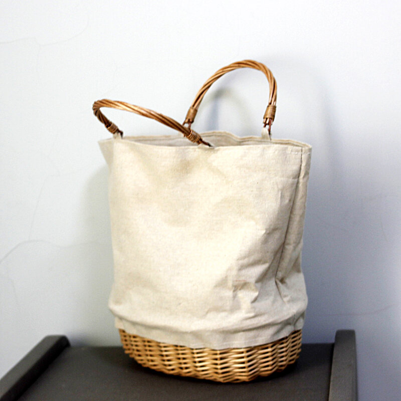 Bolsa de cesta tejida de mimbre para mujer, bolso de mano de retales de lino, hecho a mano bolso de mimbre, bolsos de paja bohemios para mujer, bolsos de playa de viaje