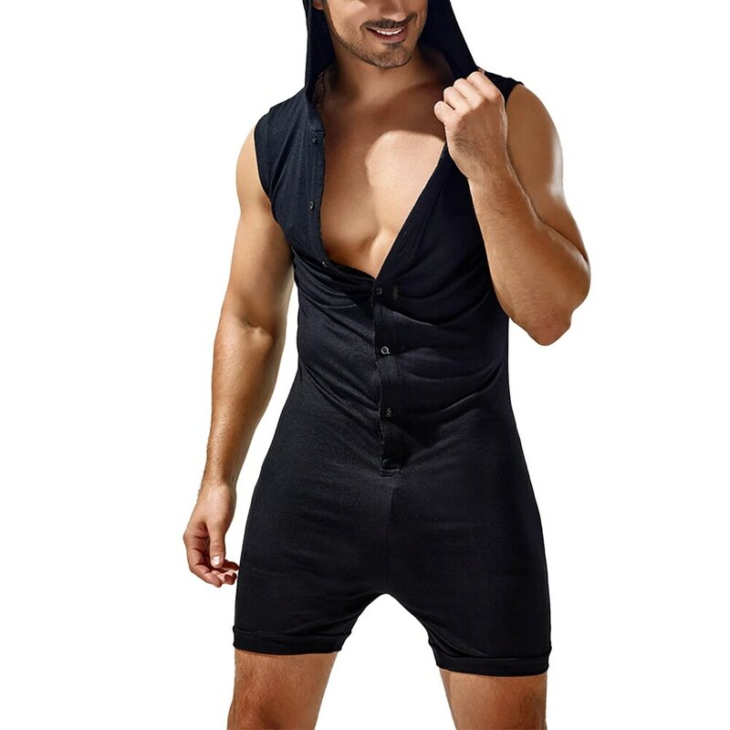 Sexy Men's Bodysuit Butt Fit Leotard Jumpsuits Solid Color Hooded Underwear Hoodies Sleeveless T-Shirt Pajamas Romper