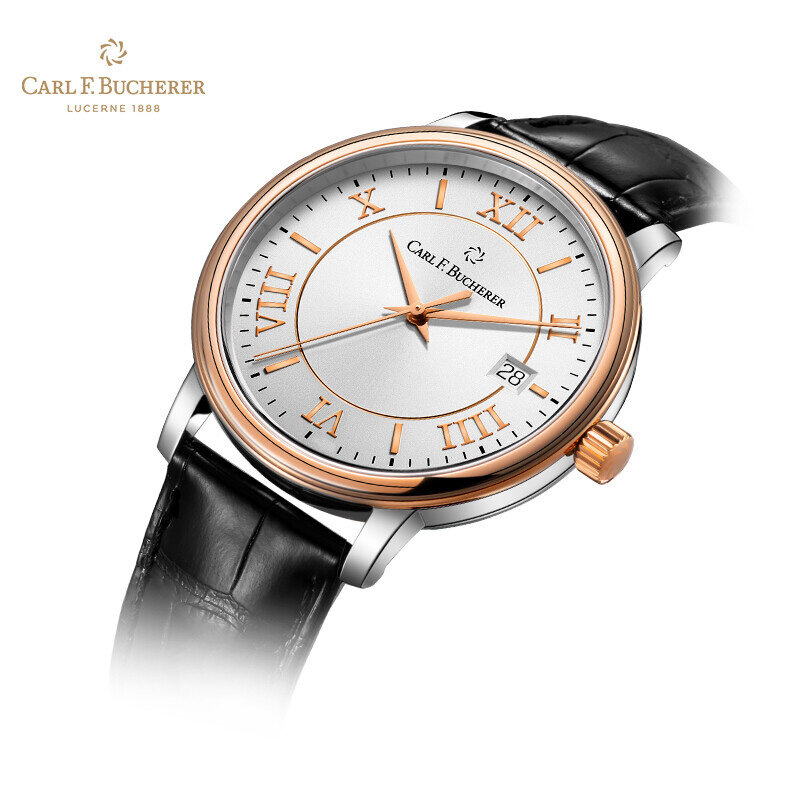 Carl f. BAROREER-メンズメカニカルウォッチ,クラシック腕時計,3つのハンドホワイトダイヤル,レザーストラップ,18K,ピンクゴールド