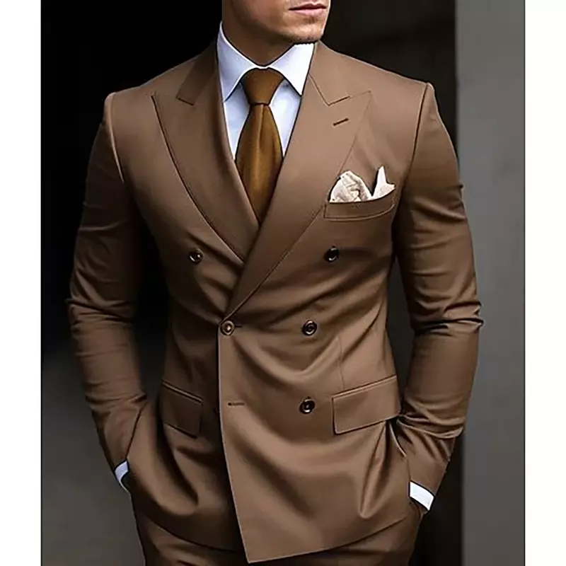 High Quality Brown Men's Suits Double Breasted Bespoke Double Breasted Peaked Lapel Formal Blazer Slim Fit 2 Piece Jacket Pants