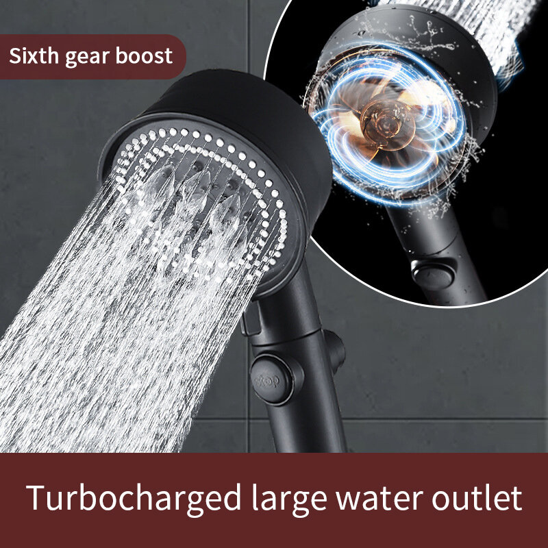 5 Modes Black Shower Head Water Saving  High Pressure Turbo Shower One-key Stop Water Shower Head with Small Fan for Bathroom