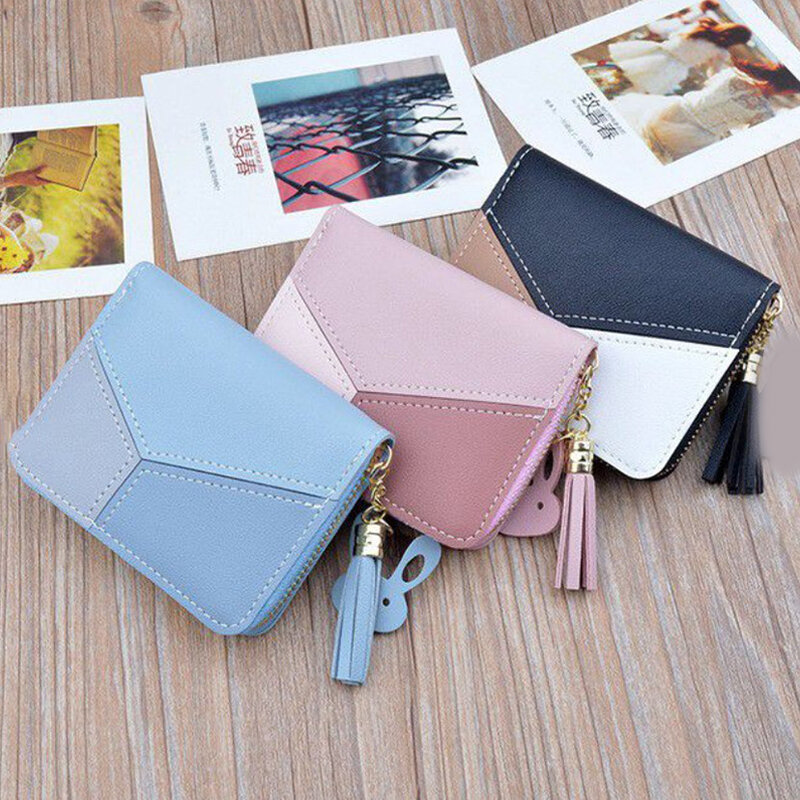 여성용 짧은 지갑 지퍼 태슬 지갑, 여성 학생 한국어 버전, 스티칭 대비 색상, 패션 동전 지갑, 카드 가방