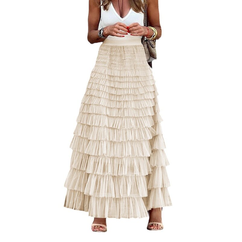 New Ladies Long Dress Elegant Solid  High Waist Mesh Cake Skirt Fluffy Half Skirt Dresses Women