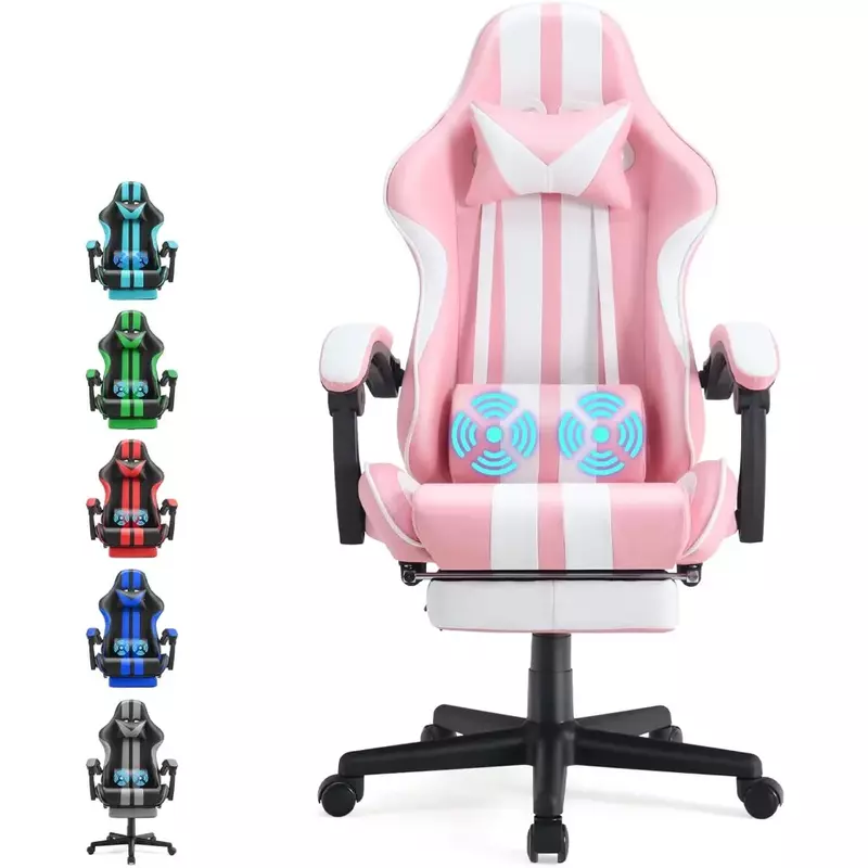 Kursi Game merah muda dengan sandaran kaki, kursi Game komputer, kursi Gaming pijat, Natal, hadiah Natal, kursi Game PC