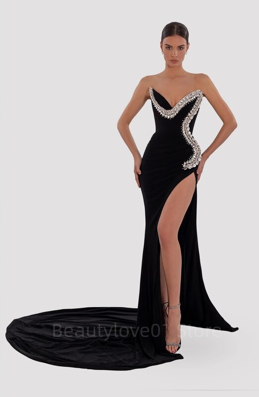 Vestido de noite feminino de fenda alta, sexy preto, fenda alta, veludo diamante, sem mangas vestidos de baile, requintado, alta qualidade