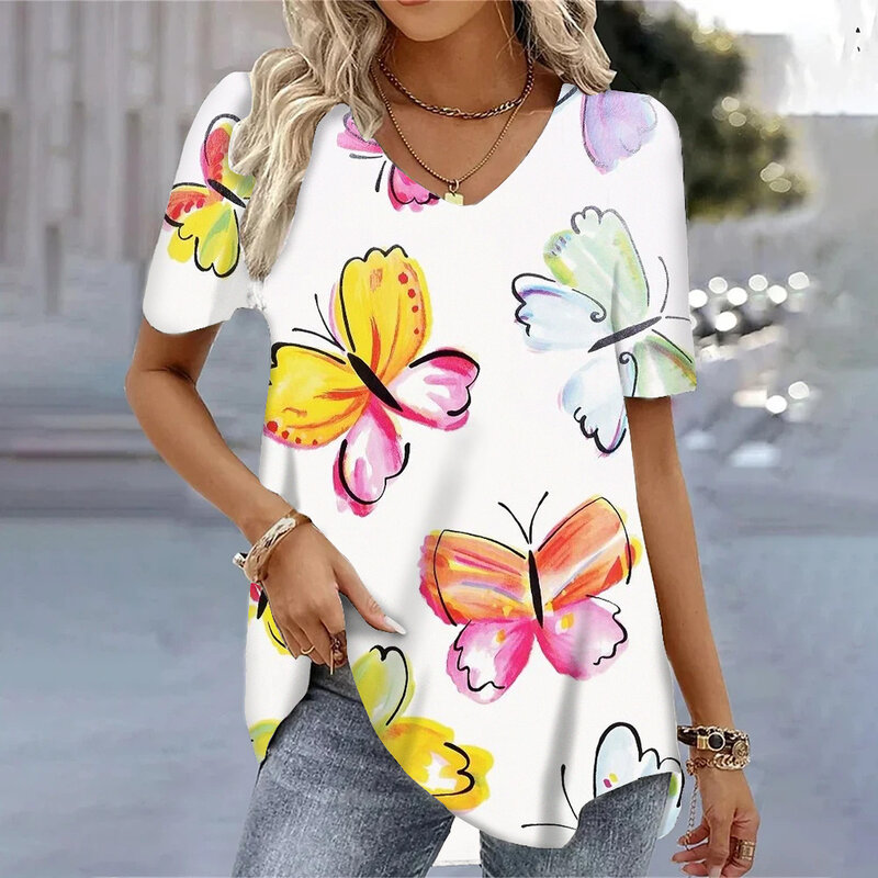 Wiosna Vintage V Neck Koszulka z krótkim rękawem Dla Kobiet Luźne Topy Nadruk 3d Letnie Koszulki Oversize Odzież Damska 2024