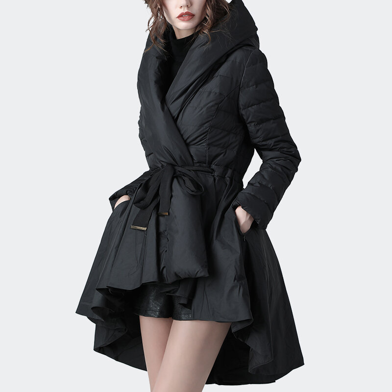 女性のための不規則なダウンジャケット,秋冬の暖かい白いダックダウンコート,ベルト付きの長いパーカー,コート