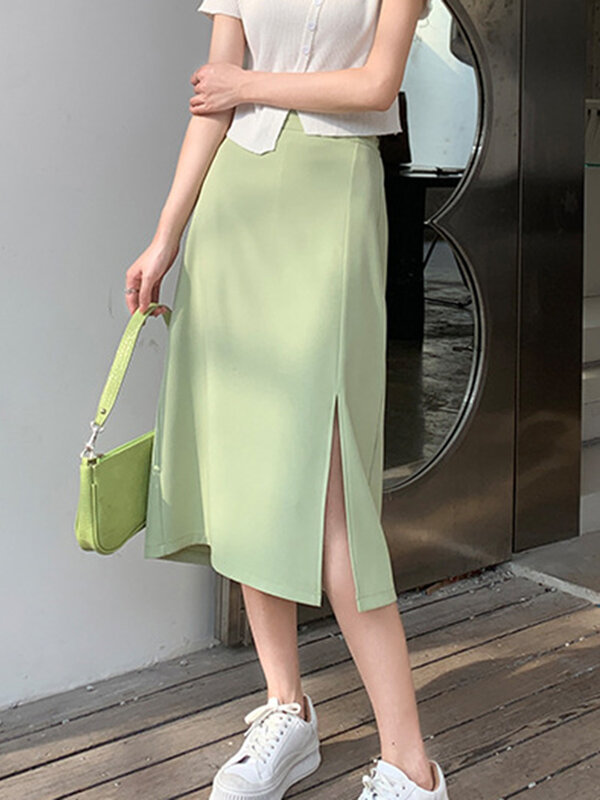Poliester Casual A-line Solid Color Elastic High Waist Slit Party Bodycon Stretch Mid Calf 2024 Summer New Split Skirts Women