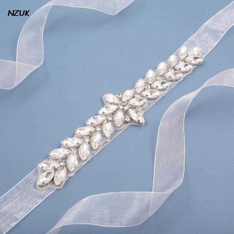 Nzuk daimond cinto de casamento cristal flor nupcial faixa de prata strass faixa de casamento para vestidos de dama de honra cinturon novia