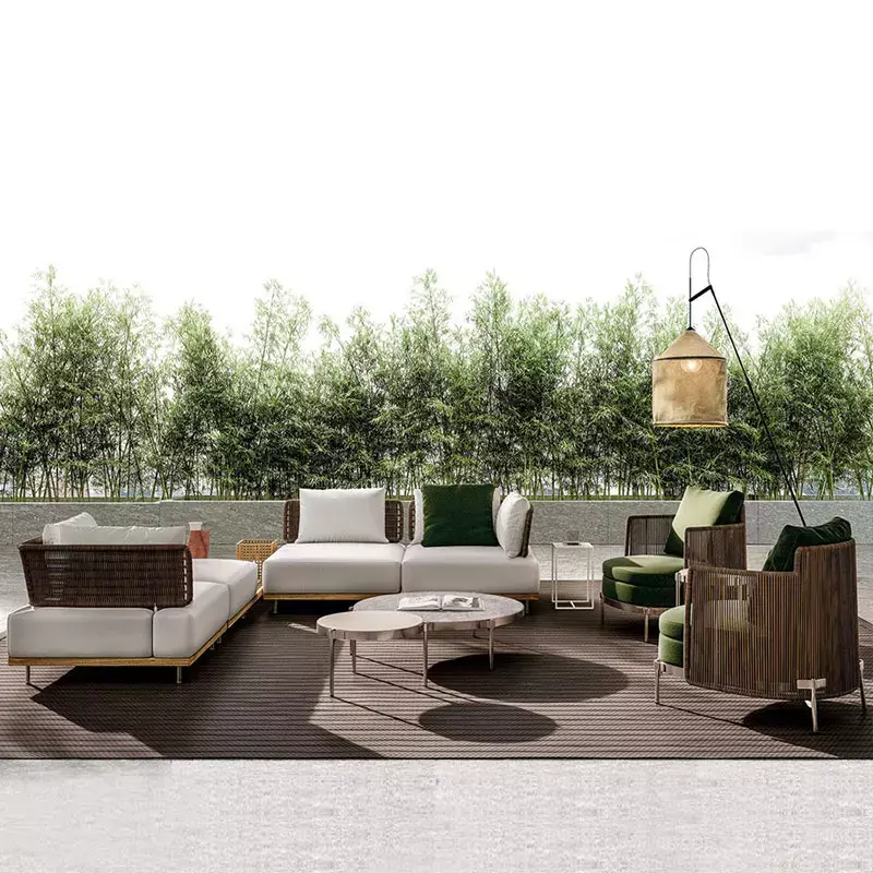 Customized Nordic outdoor leisure teak rattan sofa outdoor outdoor waterproof sunscreen courtyard bed tea table furniture