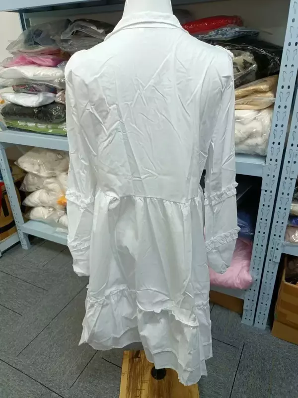 Vestido de babados com gola alta mulher, manga longa, solto, manga folhada, branco, elegante, sexy, moda, outono, 2023