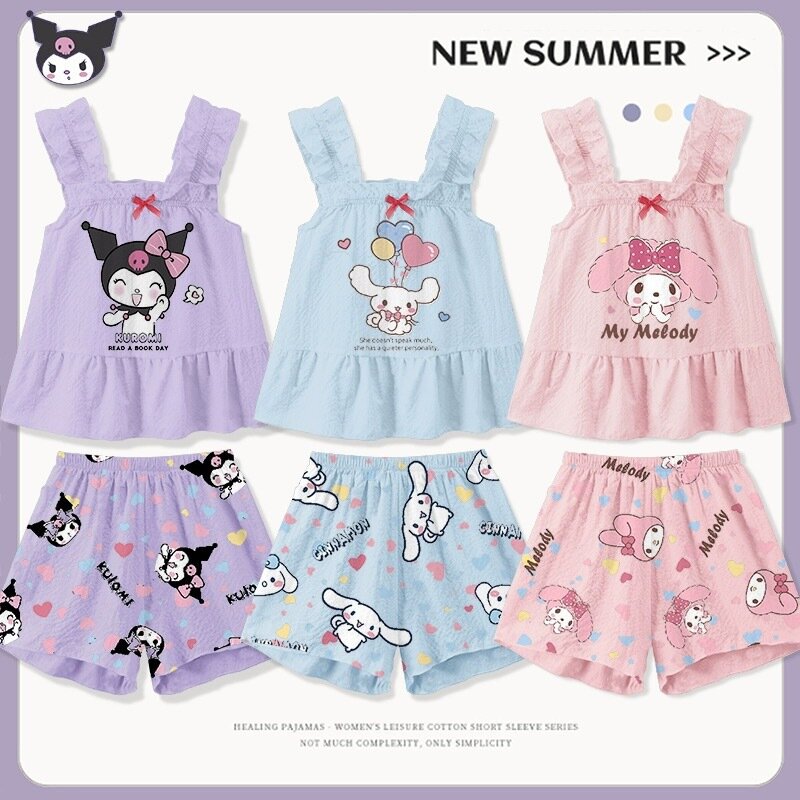 Kawaii Sanrio Kuromi Kids Cinnamoroll Cartoon Pajamas Set Cute My Melody Girls Boys Summer Short Sleeved Home Set Children Gift